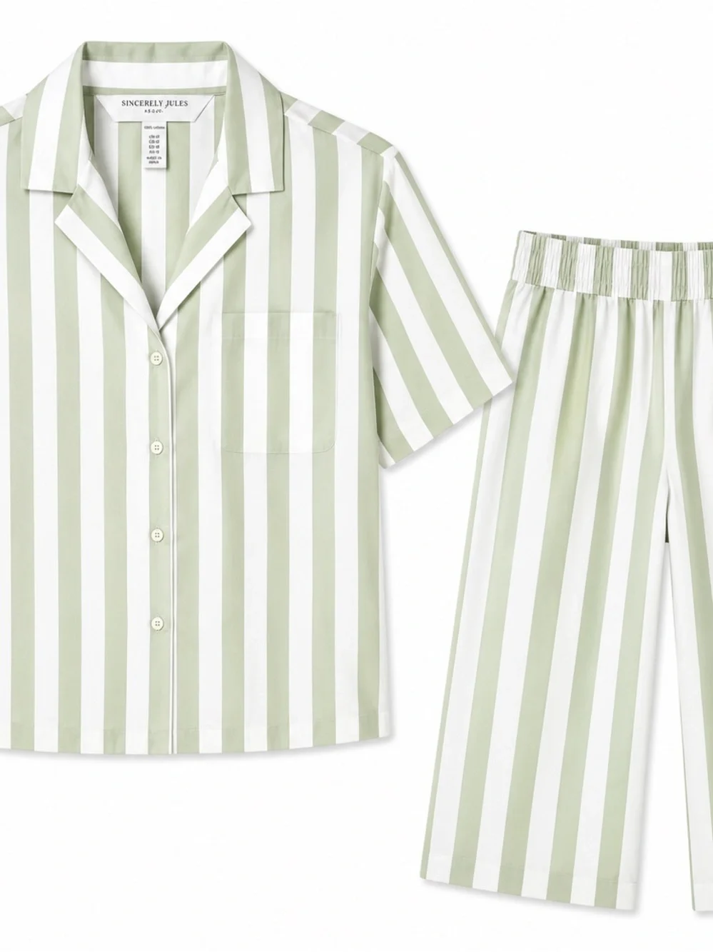 Sage Green Stripe Matching Set Medium 100% Cotton Resort Wear